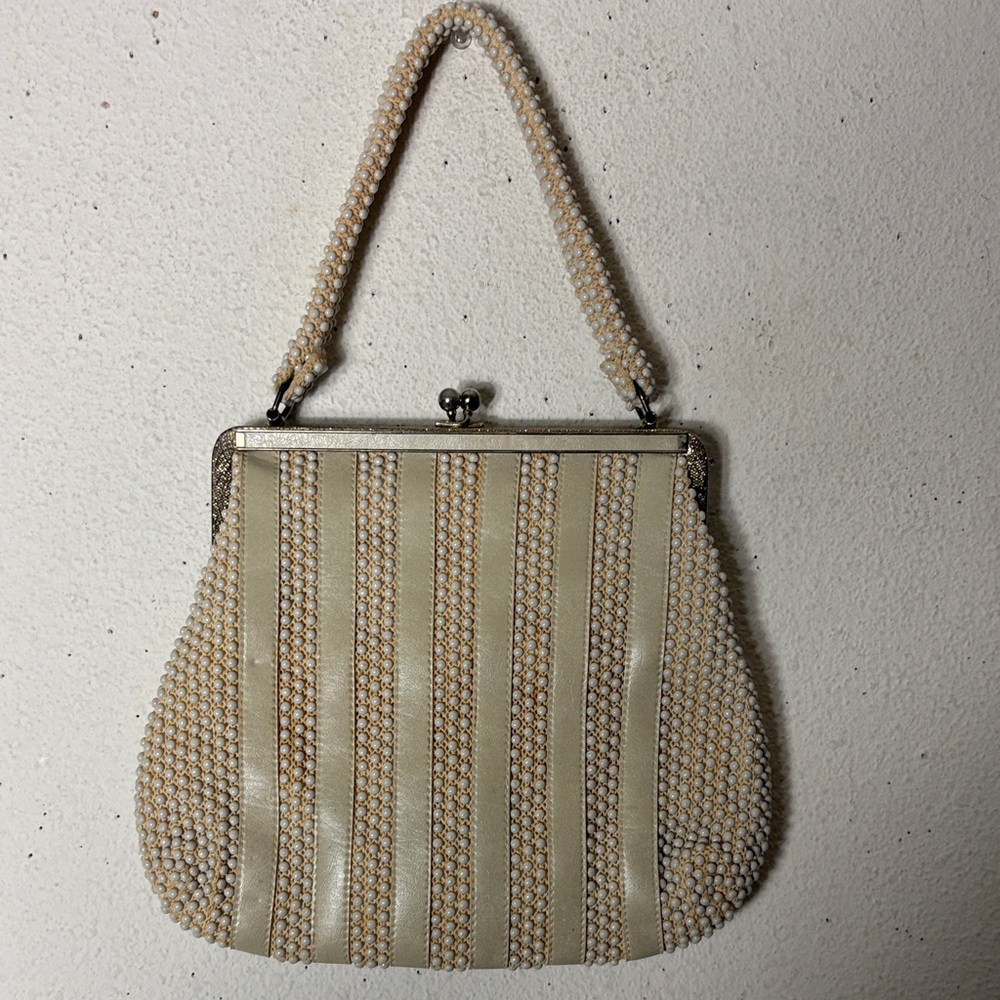 Vintage 1950s Ivory Beaded Leather? Or Faux Handle Handbag Purse